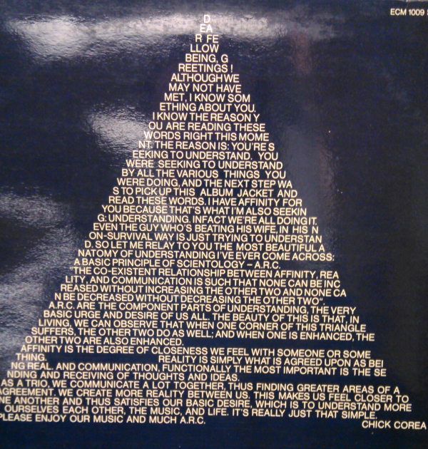A prose poem by Chick Corea covers the back of the record sleeve.